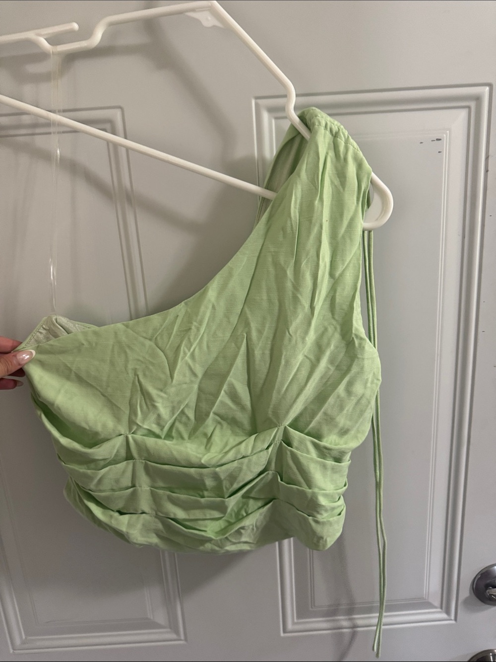 One-Shoulder Ruched Crop Top in Light Green